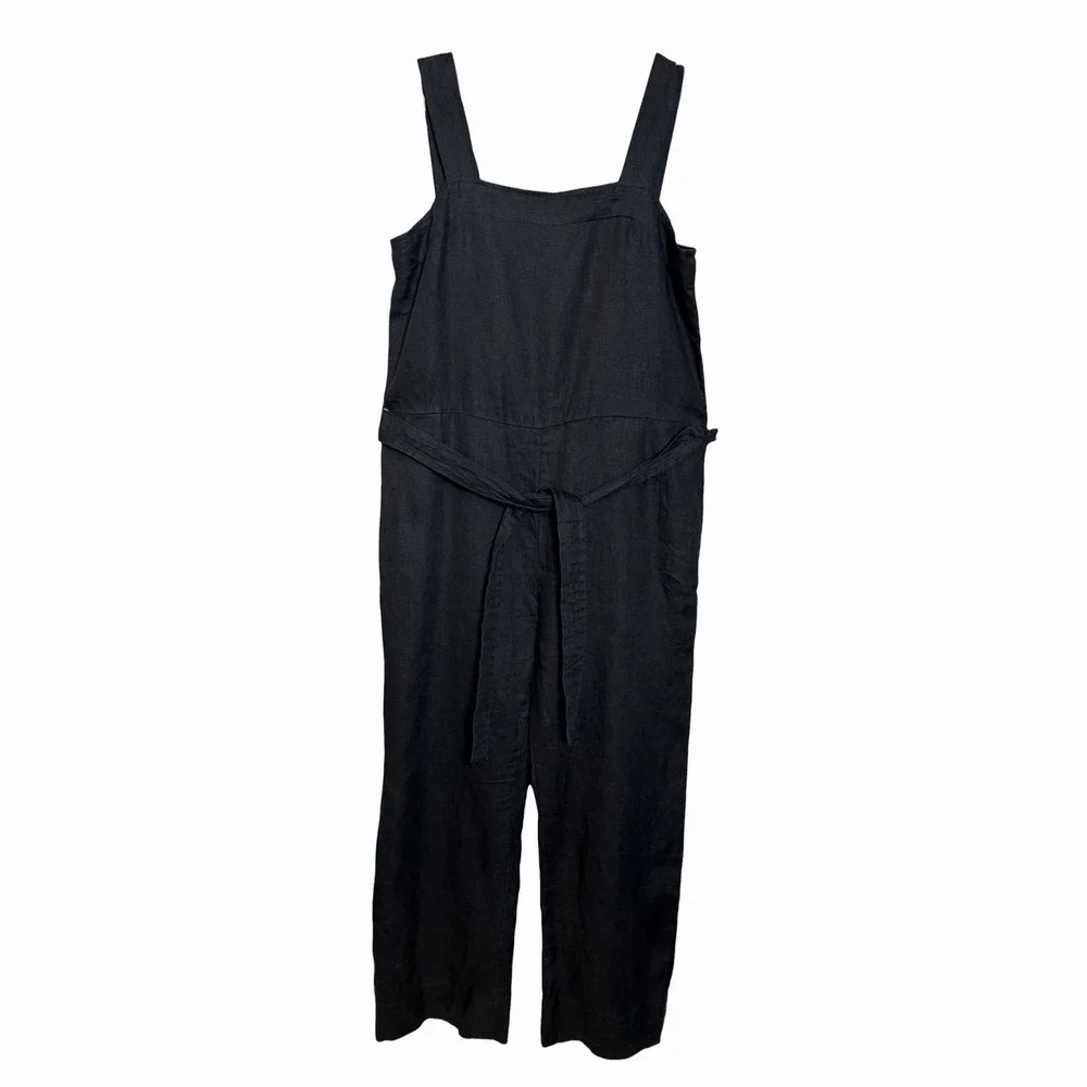 Quince European Linen Jumpsuit XS Black Square Neck Belted Minimalist Travel